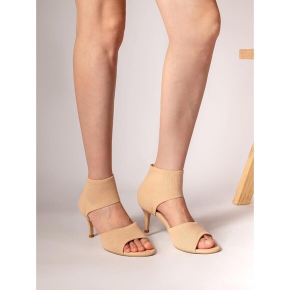 Nude 3 Inches Peep Toe Synthetic Stiletto Stretchy Heeled Sandals for Women - Picture 4 of 7